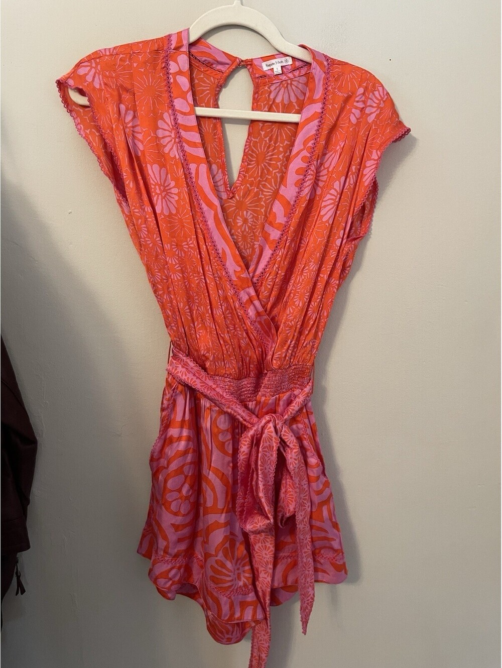 Poupette St. Barth Pink Red Viscose Jumpsuit Romper Small S Floral Belted